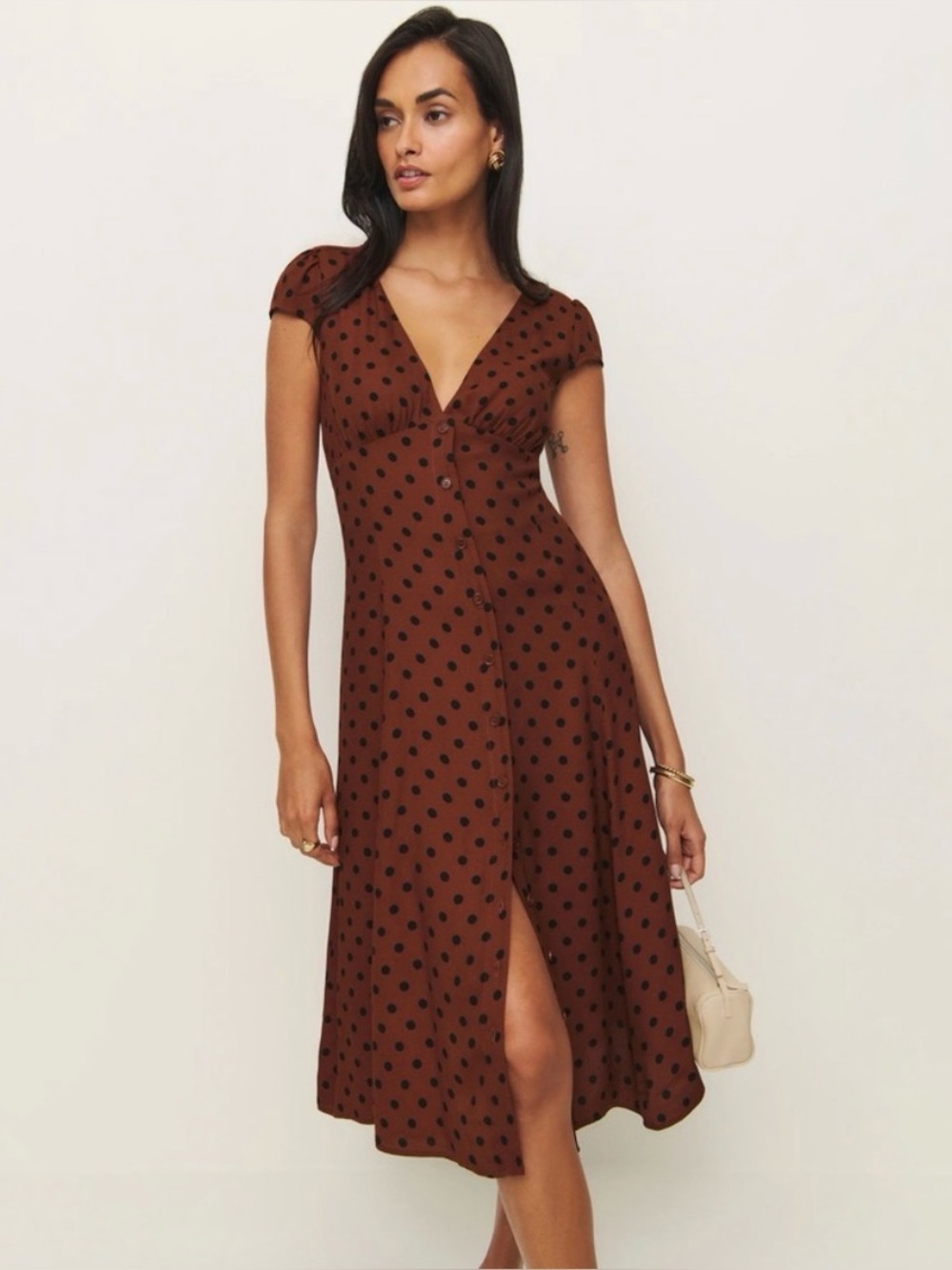 Reformation‎ Wilda Midi Dress Fig Jam Dot Brown Polka Dot